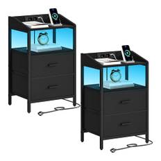 Hzuaneri Sängbord med LED-lampor, gavelbord med 2 förvaringslådor och hyllor i tyg, sidobord med USB-portar och eluttag, nattduksbord med öppen hylla för sovrum, vardagsrum (Svart, 2er Set)