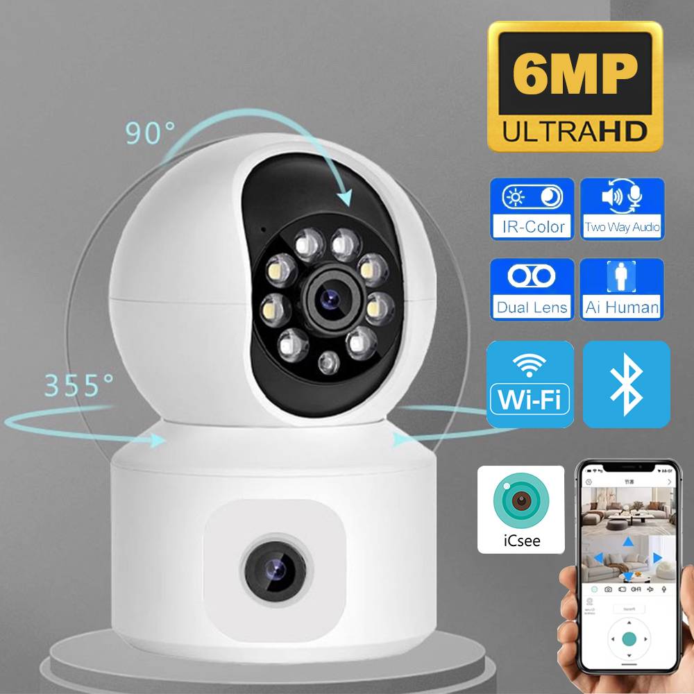 6MP ICSEE WiFi IP Camera Dual Lens Dual Screen PTZ Auto Tracking Home Security Camera Baby Monitor CCTV Video Surveillance Cam