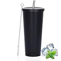 LATERN Iskaffeglas med lock och sugrör, 750 ml isolerad rostfritt stål kopp dubbelvägg vakuum resa kaffemugg återanvändbar vattenkopp håller drycker kalla och varma (svart, 1 st)