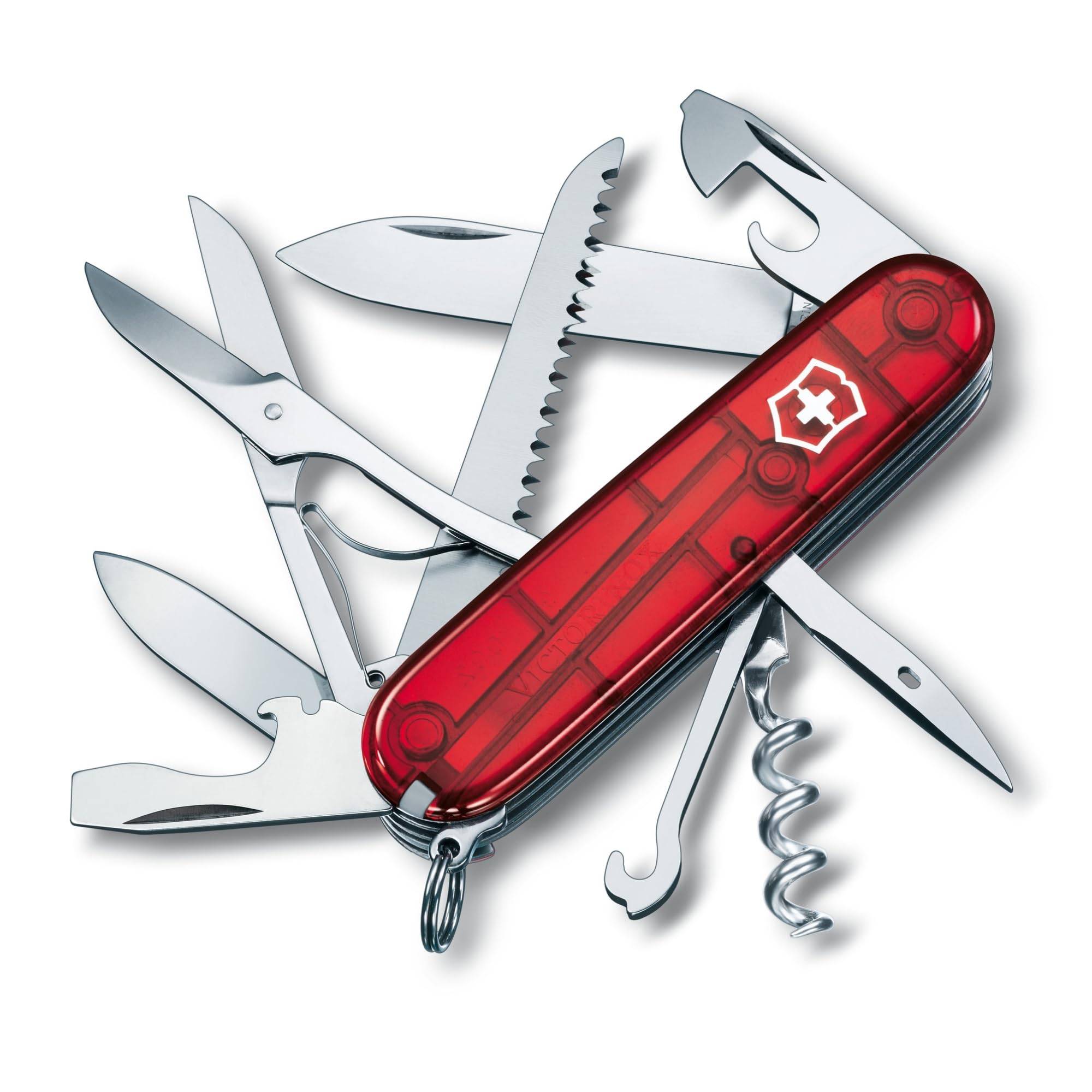 VICTORINOX Huntsman Swiss Army Knife in Translucent Red. Multi-functional, ideal for mountaineering, hiking, and camping. Includes scissors and a saw.