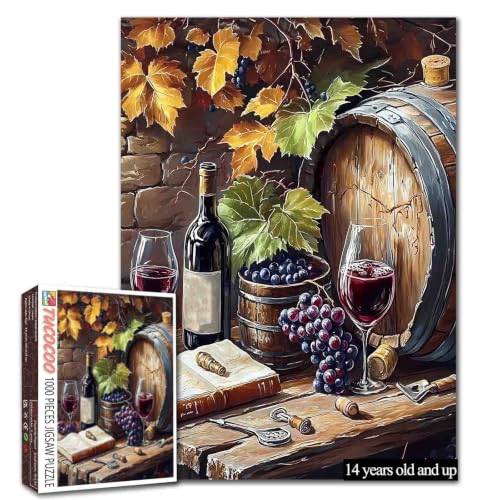 Rött vin pussel 1 000 bitar för vuxna, familjer (vinflaska/kopp, träfat, fruktdruvbitar passar tillsammans perfekt 40 x 60 cm alkoholdryck rambart magiskt pussel konst present (lila)