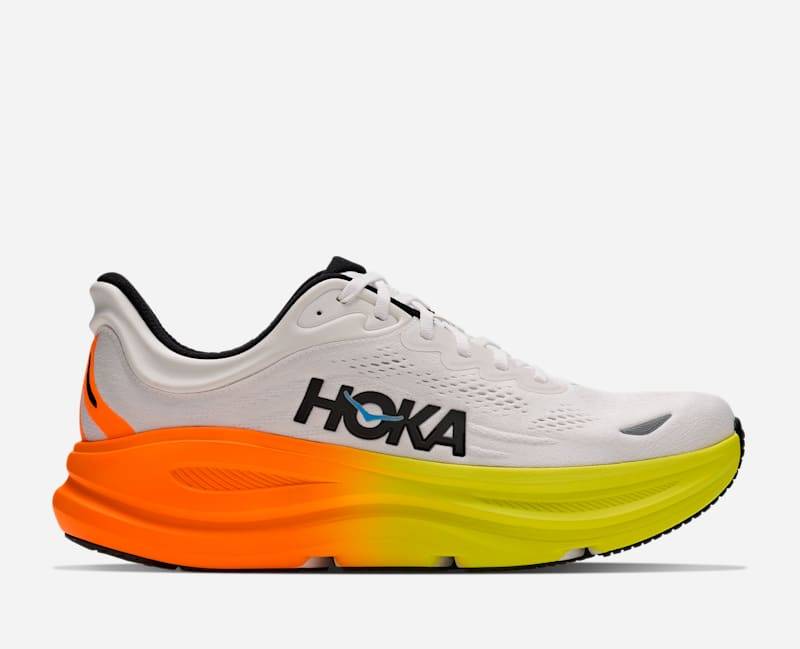 HOKA Bondi 9 Schuhe für Herren in White/Neon Tangerine Größe 43 1/3 Weit | Straße