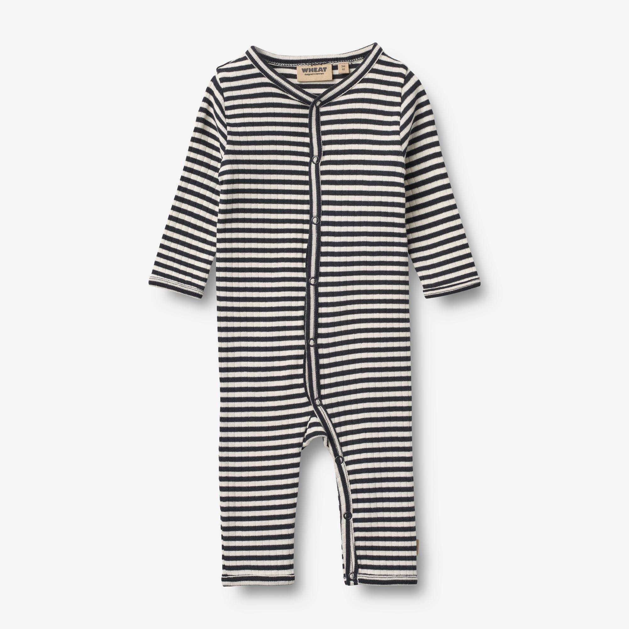WHEAT® - Heldragt uden fødder Dusty - navy rib stripe - Str 74.