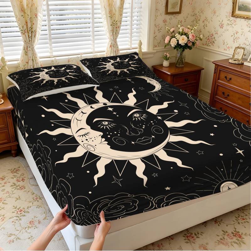 Sun Moon Celestial Fitted Sheet Set, Soft Elastic Bed Sheet, No Fillers Bedding Set for Full Size Mattress