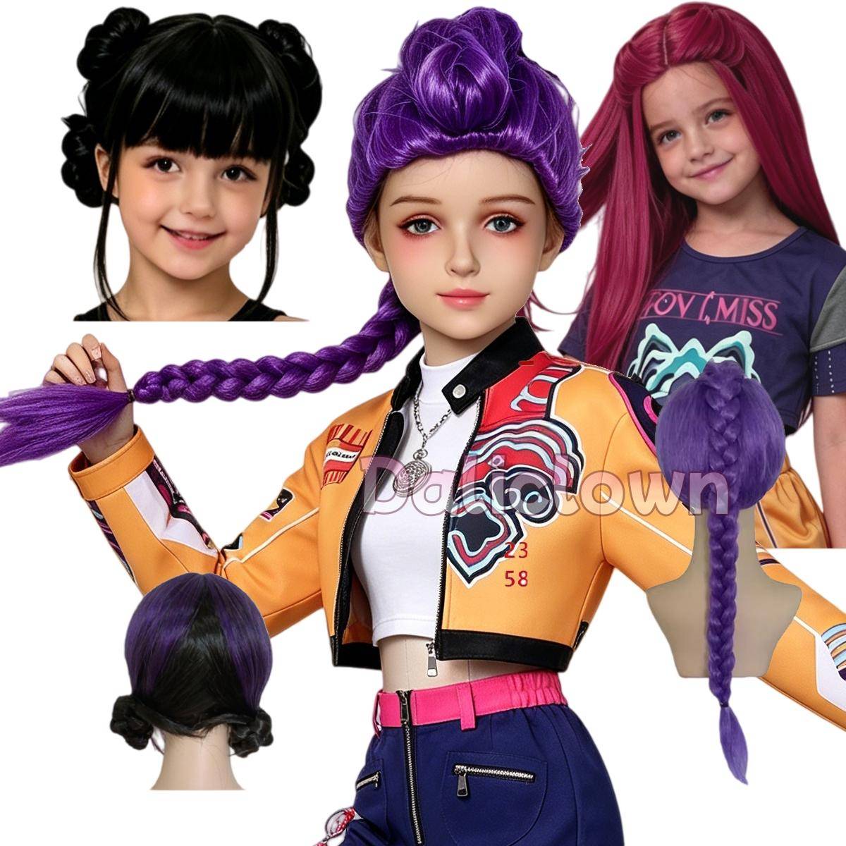 Långlila fläta med sidodutt Barnflickor Barnperuk Gyllene Sångare Halloweenkostym Födelsedagskalas Anime Cosplay multi