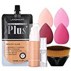 8st flytande foundation-set i påsar Brighten Full Coverage Velvet Concealer Base Cream med Face Primer, Foundation-borste, Makeup-svamp