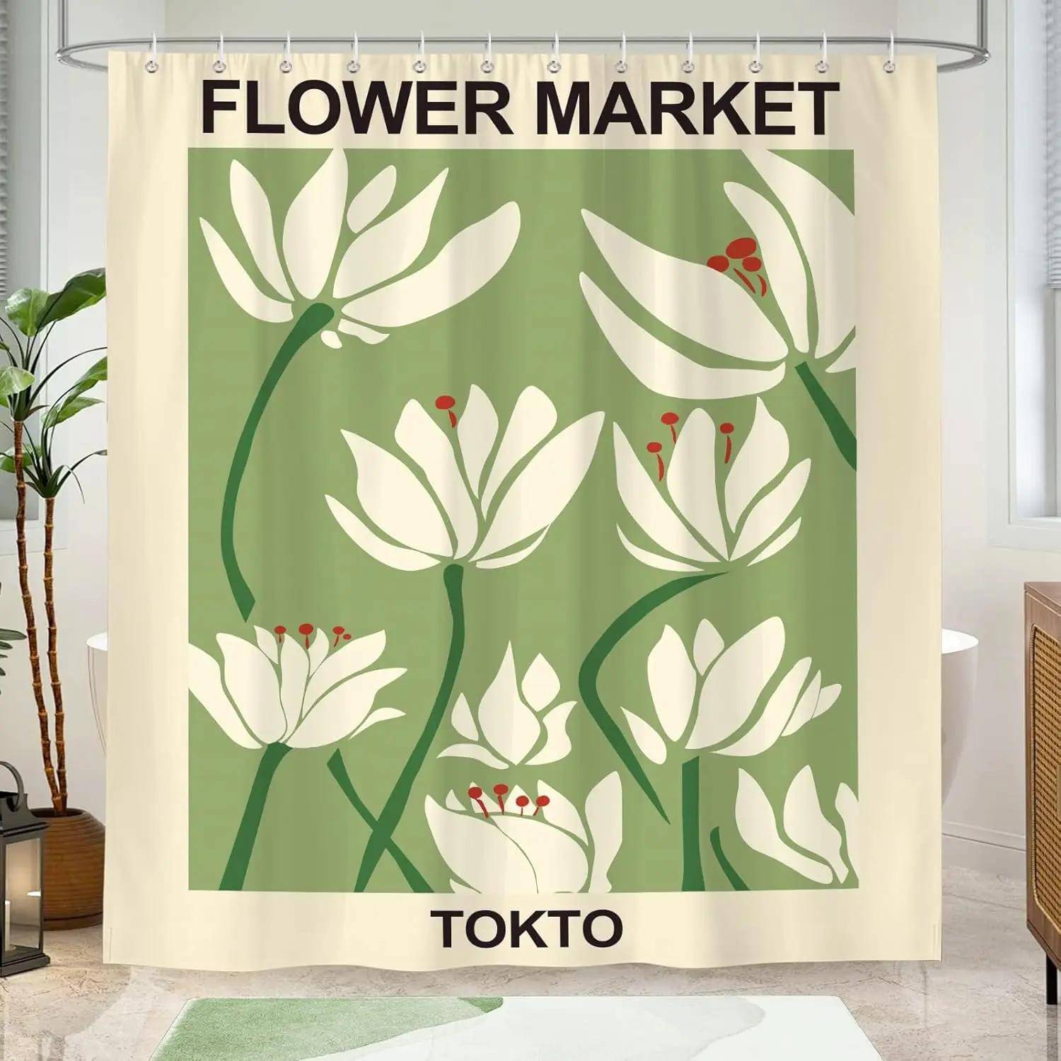 Grön Abstrakt Blommig Duschdraperi, Matisse-inspirerad Modern Badrumsinredning, Vattentätt Tyg Badrumsdraperi med Krokar