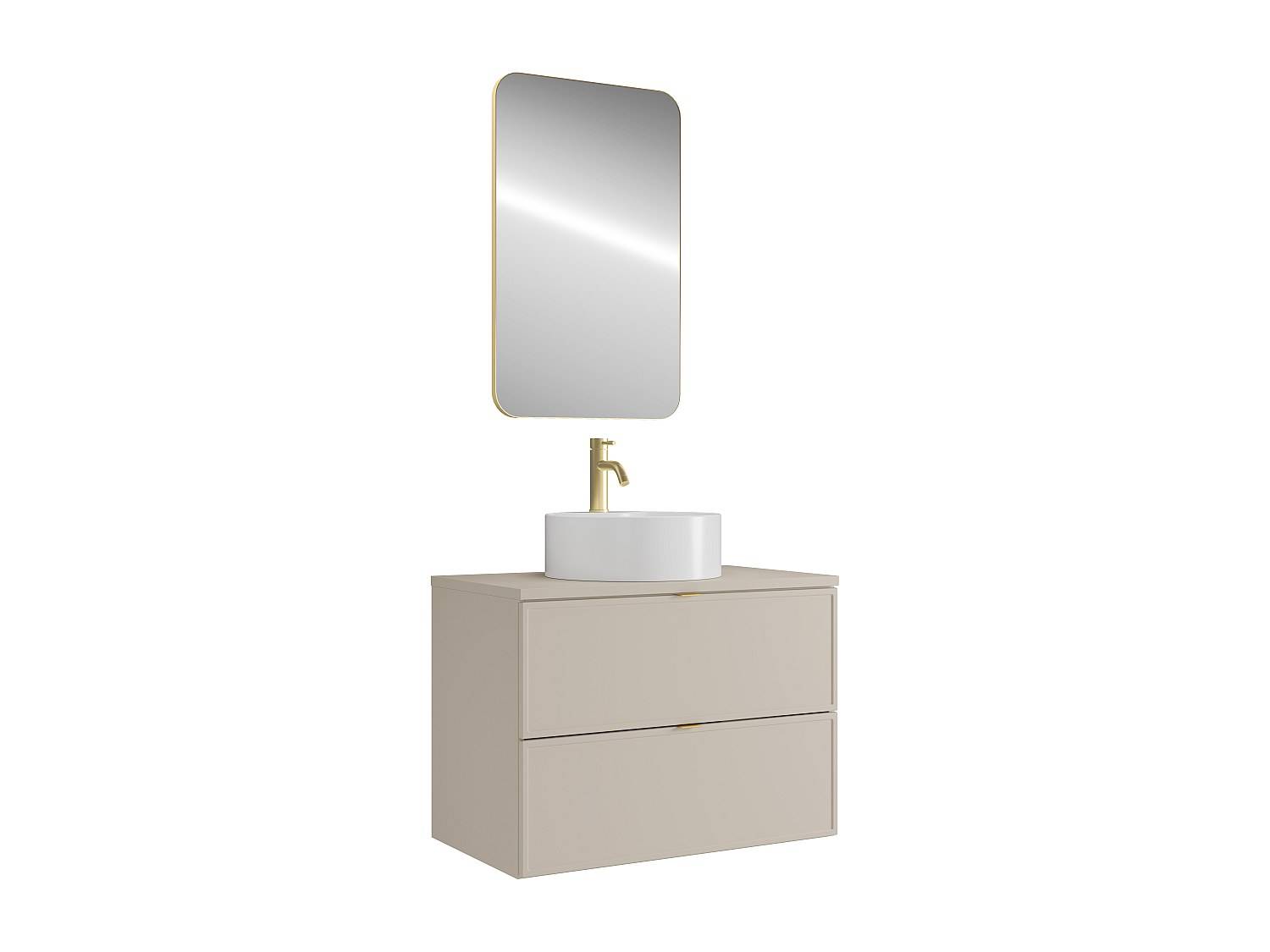 Hängande badrumsmöbel med påläggstvättställ, rund, kran och spegel - Beige - 80 cm - ONDIL