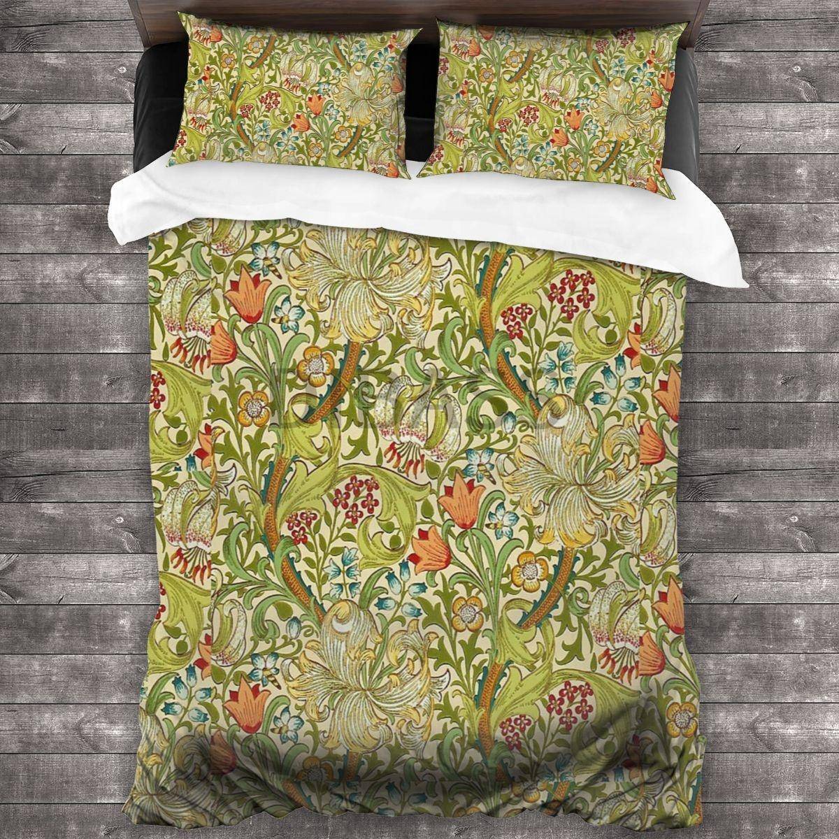 William Morris Gyllene Lilja Täcke med 2 Kuddfodral, Mjuk Mikrofiber Sängkläder King/Queen Size, Jacobeansk Blommig Påslakan