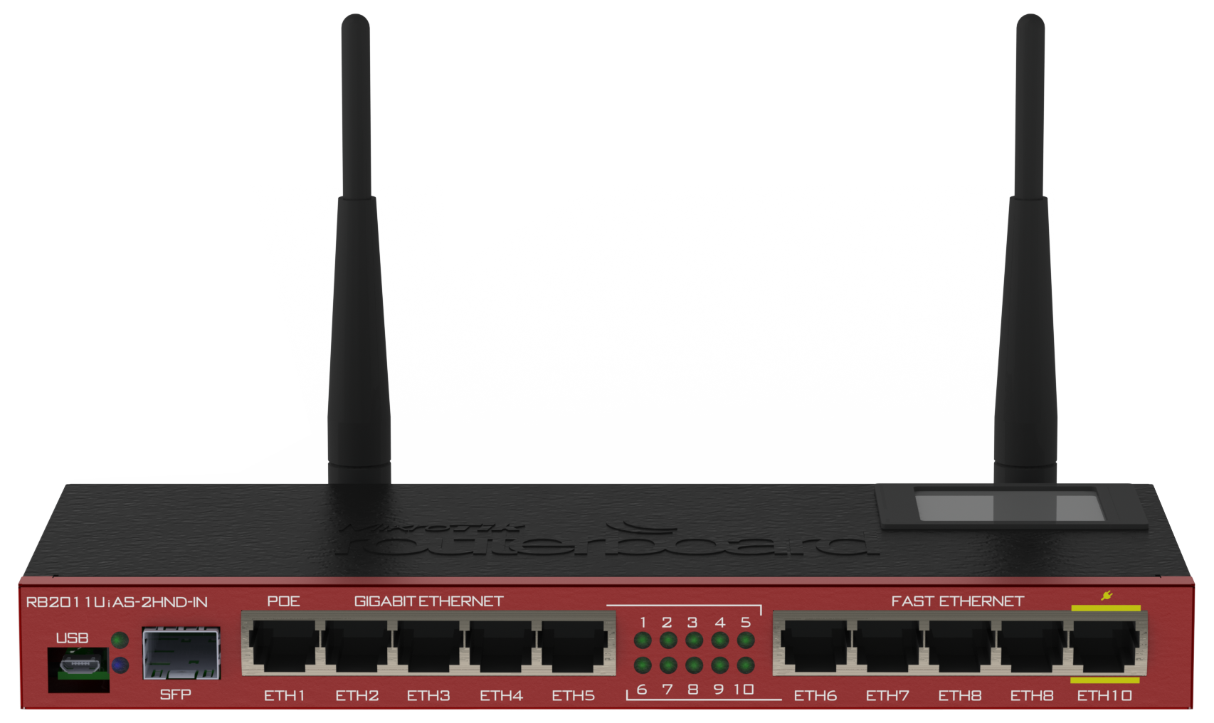 MikroTik Router RB2011UIAS-2HND-IN 802.11n, 10/100/1000 Mbit/s, Ethernet LAN (RJ-45) porte 10, Antennetype Ekstern, 1xUSB.