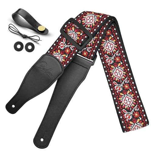 Gitarrband, jacquardbroderade bomullsband med läderändar axelband för bas akustisk elgitarr, Röd jacquard, one size