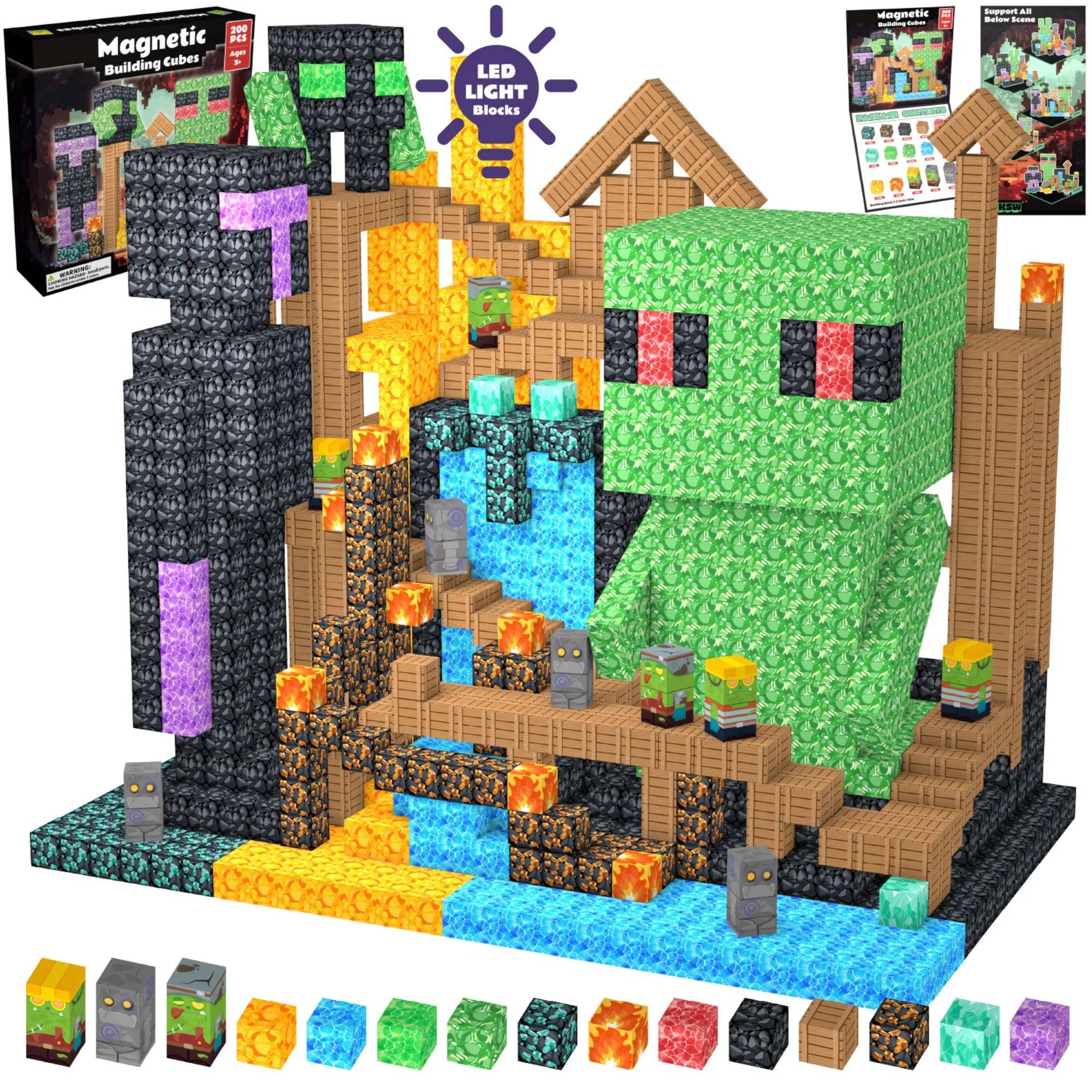 Magnetic Blocks with LED Light Up Blocks 100, 200 PCS | 2cm/0.8" | Magnet Toys for Kids | Magnetic Building Blocks Cubes | Stacking Magnets | Monster - 200 PCS