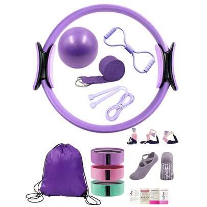 Pilates Yoga Fitness Set, inkluderar yogastrumpor, yogaring, åttband, hopprep, motståndsband, dragskoväska, squatband, yogaboll, hemträningsutrustning - Multifärgad (Lila Pilates-set,Rosa kostym,Rosa Pilates-set)