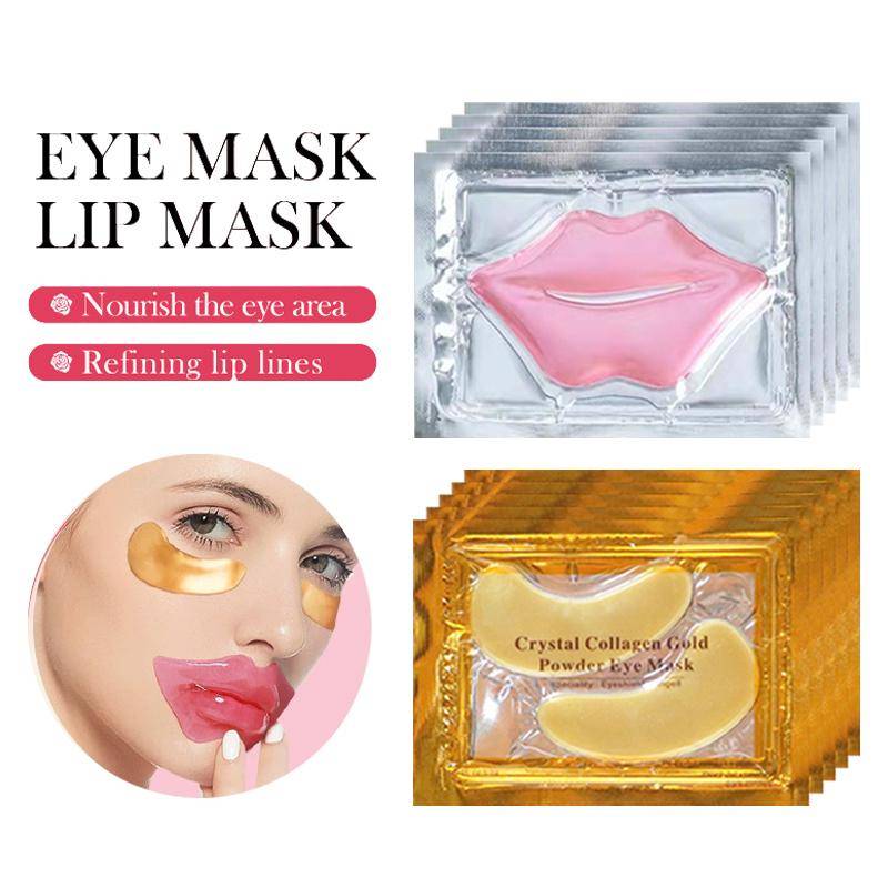 10/20 st Guld Kristall Kollagen Ögonmask Mot Mörka Cirklar Anti-Åldrande Fuktgivande Rosa Läppmask Ögon Läppar Resestorlek Hudvård