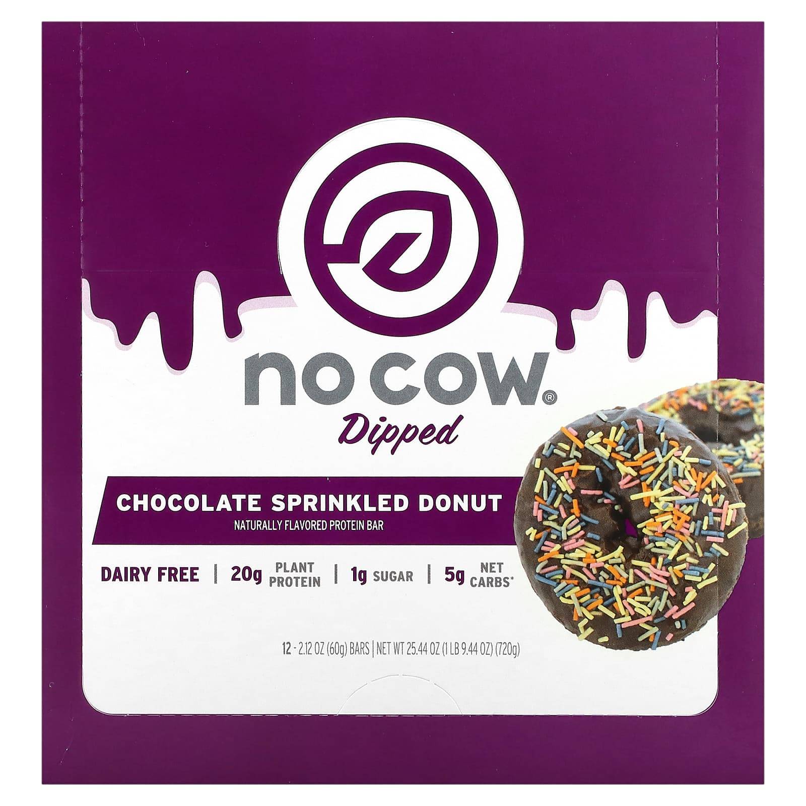 No Cow, protein bar, chocolate sprinkle donut, 12 bars, 60 g (2.12 oz) each.
