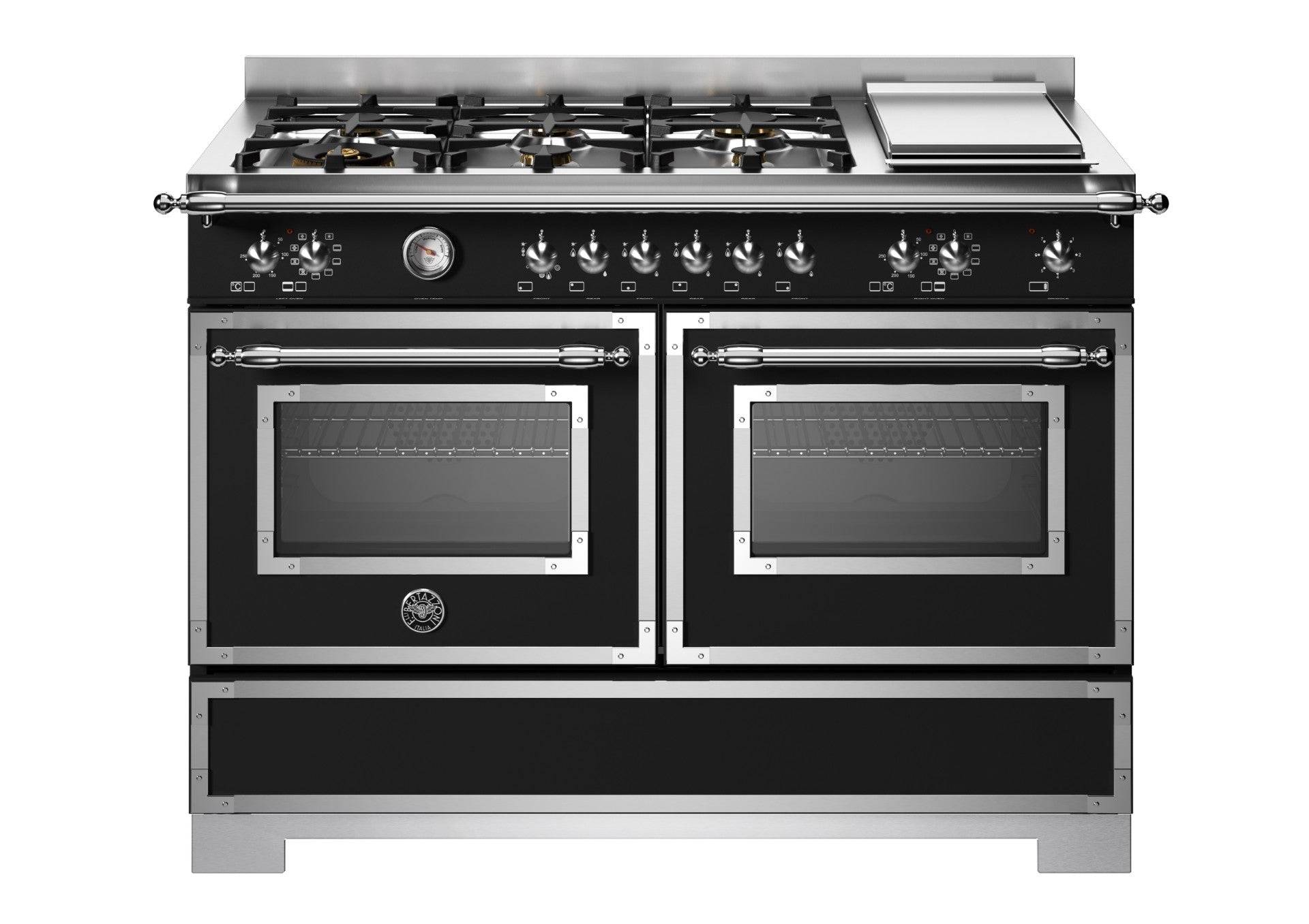 Bertazzoni, Heritage-serien, Gaskomfur, 120 cm, 6 gasblus + elektrisk stegeplade, 2 ovne. Mat sort.
