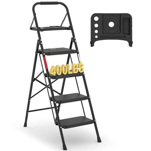 BONTEC 4-Traps Stege med Bredd Antislip Pedaler, Fällbar Stegpall Kapacitet 181KG, Spons Handtag, Stark och Stabil Bärbar Stege Lämplig för Hem, Kök, Föråd, Inomhus/Utebruk, Svart