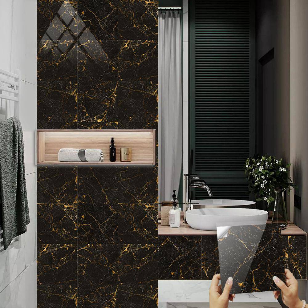 10st svart och guld marmor kakel väggdekal kök backsplash badrum tvättställ skåp Vattentät skala & stick konst väggmålning black