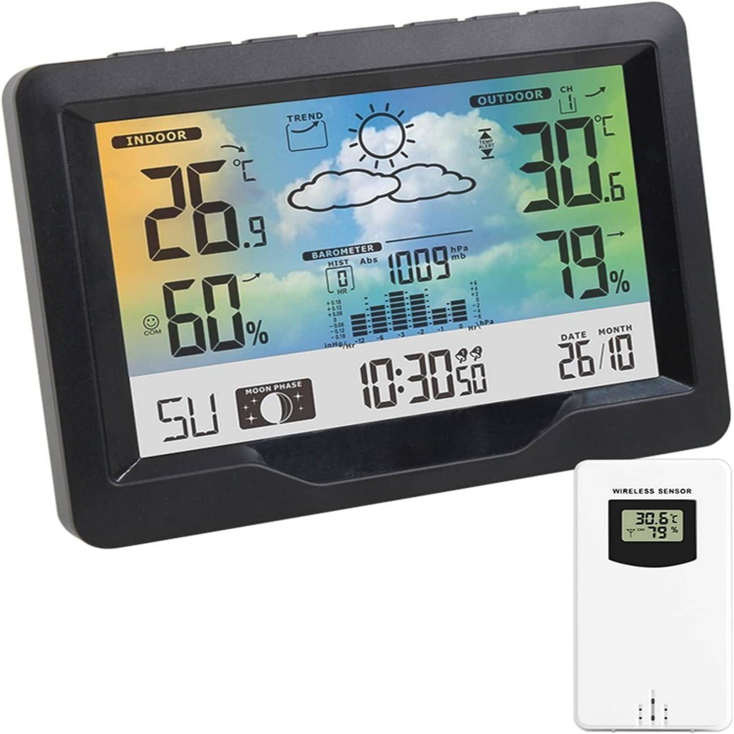2023 Wireless Weather Station Forecaster Inomhus utomhustermometer Hygrometer med sensor Färg Pekskärm Väckarklocka Kalender svart