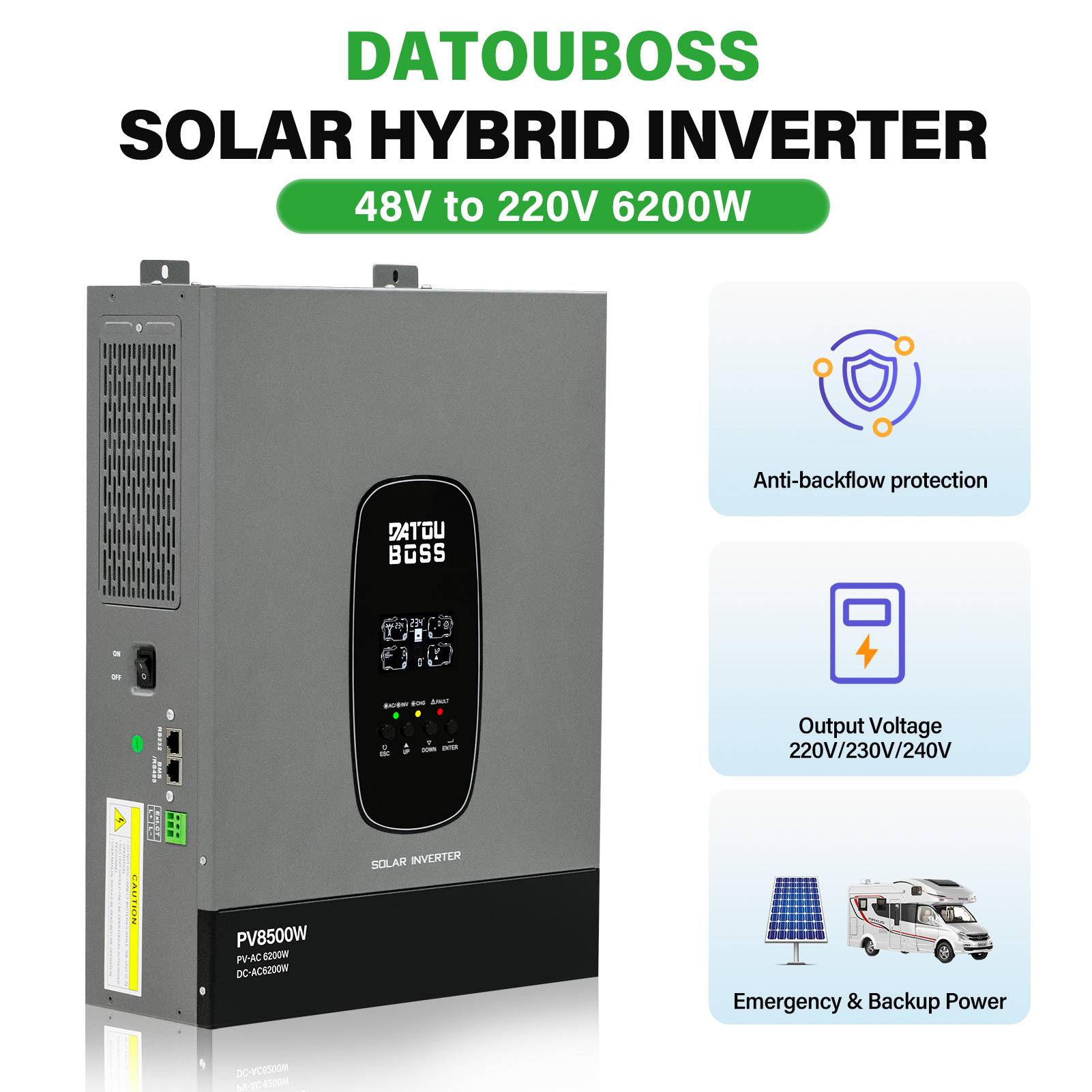 Datouboss 1.8Kw-12V 3Kw-24V 6200W-48V Solar Hybrid Inverter,12V/24V/48V to 220V Pure Sine Wave,For Home Backup Power,Support Parallel
