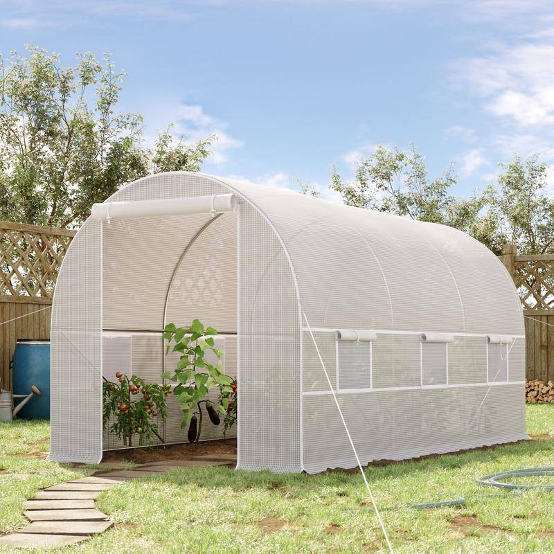 8m² Garden Tunnel Greenhouse, Tunnel Garden Greenhouse with Door and 6 Windows, 140 G/M² Pe Tarpaulin 400 X 200 X 200 cm White