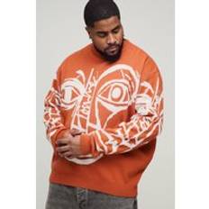 Mens Rust Plus Oversized Boxy Abstract Line Face Knitted Jumper
