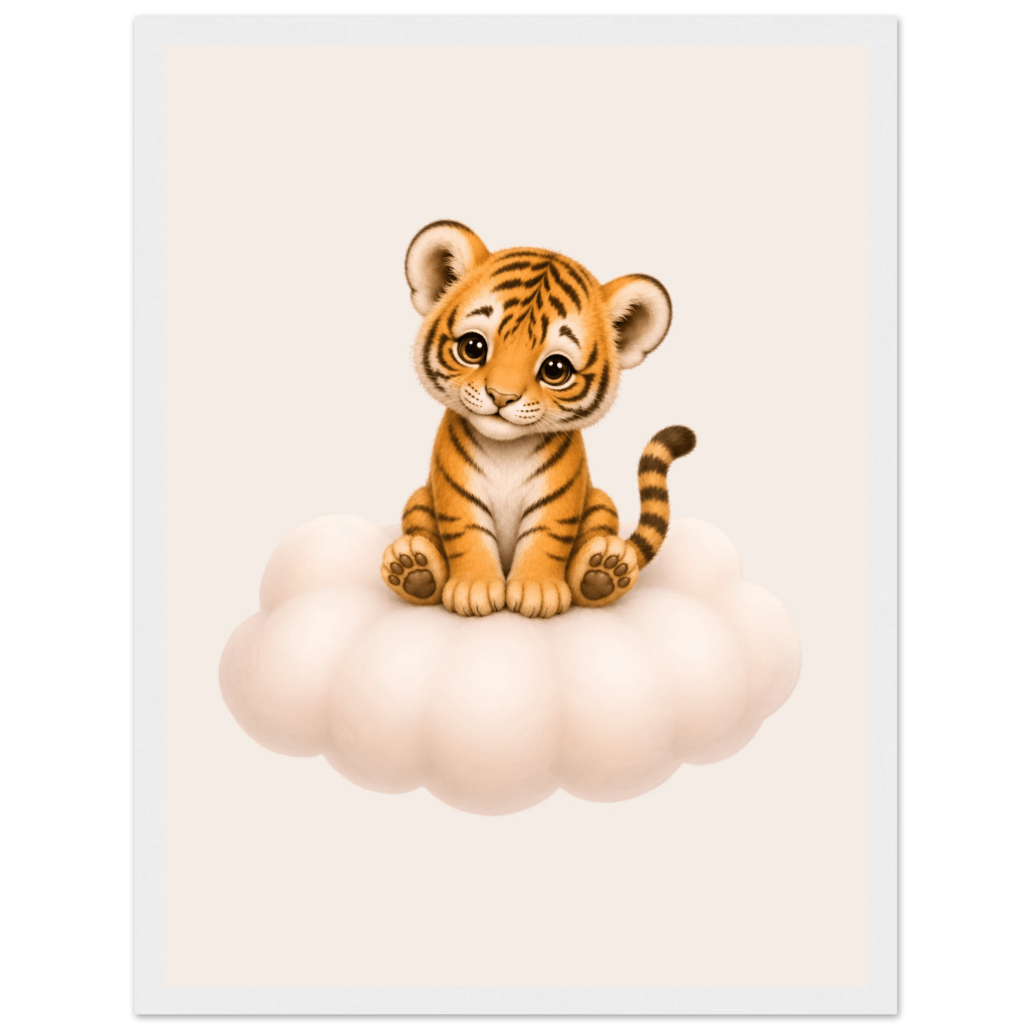 Söt tiger på moln poster-30x40 cm / 12x16″ / Med ram / Vit