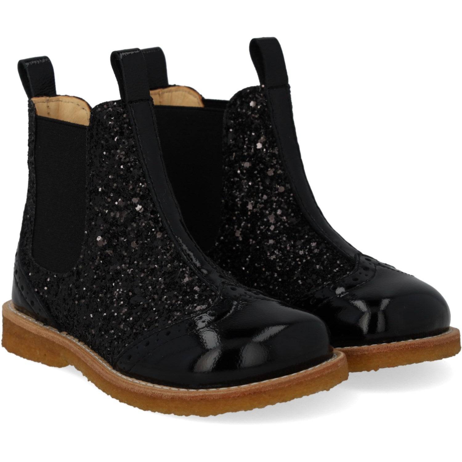 Angulus Black/Black Glitter/Black Elastic Chelsea Støvle Med Glitter Og Brogues Detaljer Str. 28