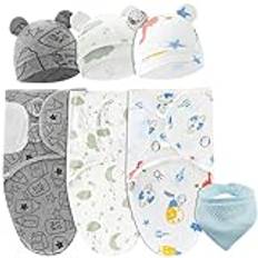 WuGU 3-pack swaddle filt 0-3 månader, baby sovsäck med mössa, spädbarn sovsäck wrap, 100% andningsbar bomull, baby pojke flicka, justerbar linda för spädbarn 73 x 50 cm (med salivduk)