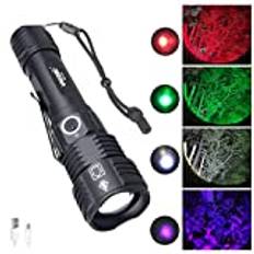 VASTFIRE LED-ficklampa för jakt, 4 färger (röd, grön, UV, vit), ficklampa, 1 000 lumen, zoombar, USB-laddningsbar, blodspårningslampa, för hjort, älg, prärievarg, rovdjur