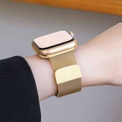 1 st. magnetiskt armband i guldfärgat milanesiskt rostfritt stål för kvinnor, kompatibel med Apple Watch 46 mm, 49 mm, 40 mm, 44 mm, 45 mm, 41 mm, 42 (38/40/41/S10-42mm,44/45/46/49/S3-42mm,S10/S11-46mm,S10/S11-42mm)