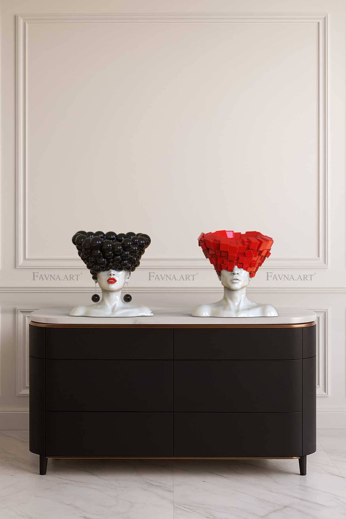 Conceptual abstract sculptural diptych composition “Thoughts” - Man and Woman set “Thoughts” | Abstract art | black and white - Female — black & white with red lips + Male — red