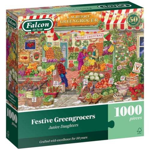 Falcon Festive Greengrocers – 1000 Bitars Vuxenpussel Julmotiv | Stort 1000 bitars vuxenpussel – Mysigt, festligt, nostalgiskt pussel – Avkopplande aktivitet & present – 68 x 49 cm
