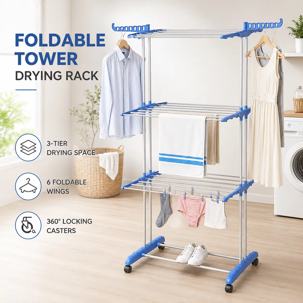 3-Tier Foldable Clothes Drying Rack, Rolling Laundry Airer with Wheels, Large Capacity Foldable Garment Drying Stand for Indoor & Outdoor Use