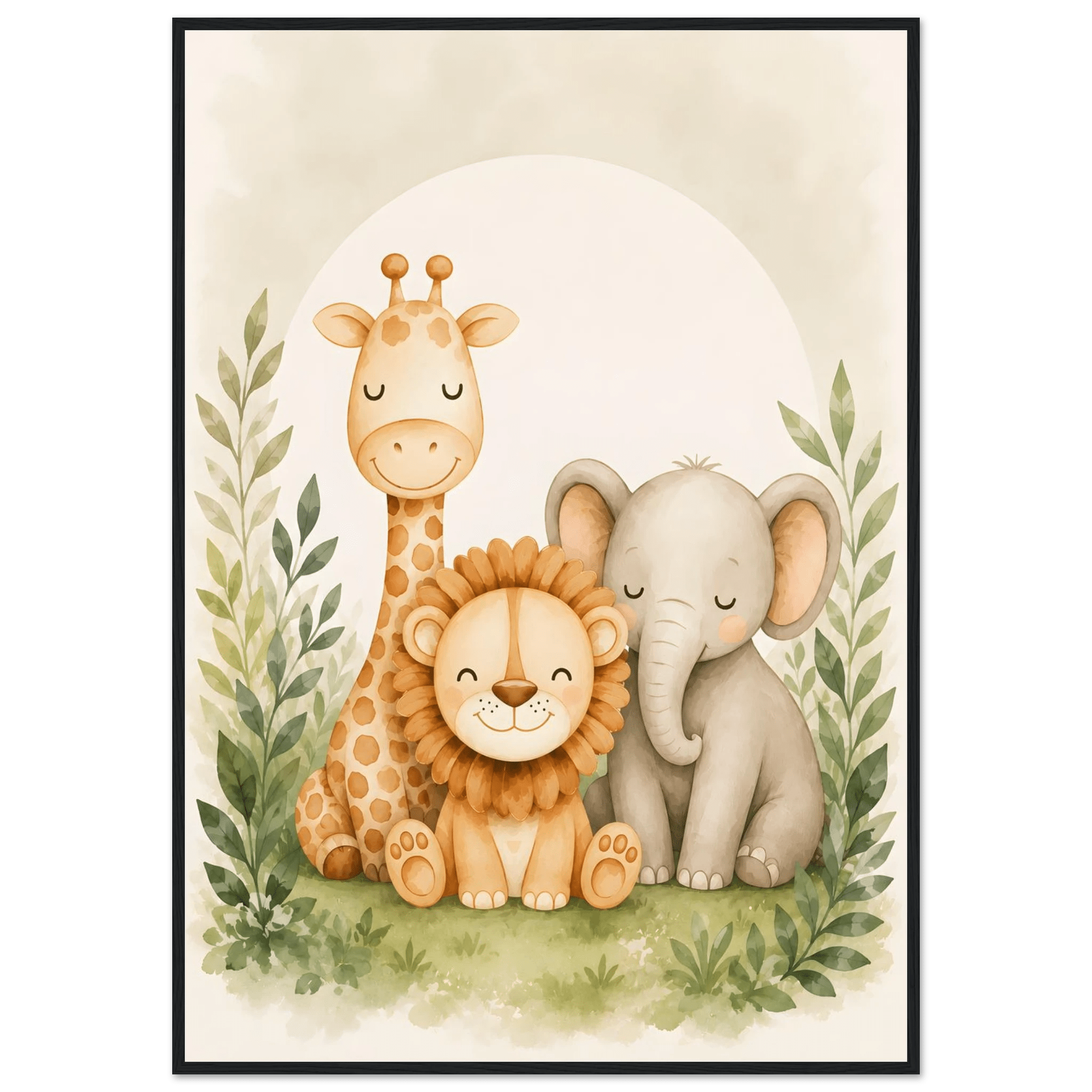 Lejon, elefant giraff poster-70x100 cm / 28x40″ / Med ram / Svart