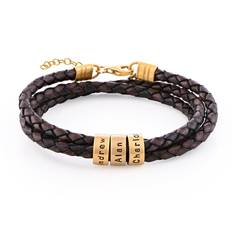Brunt Flätat Läderarmband med Graverade Pärlor till Kvinnor i 18k