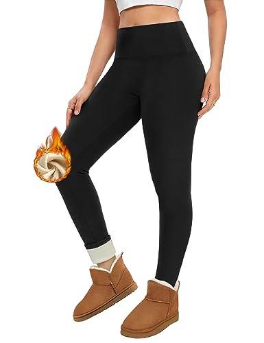 Voqeen fleecefodrade leggings för kvinnor med hög midja, tjocka byxor, mjuka sherpa, tighta byxor, termisk magkontroll, stretchiga varma, vardagskläder, Svart, M