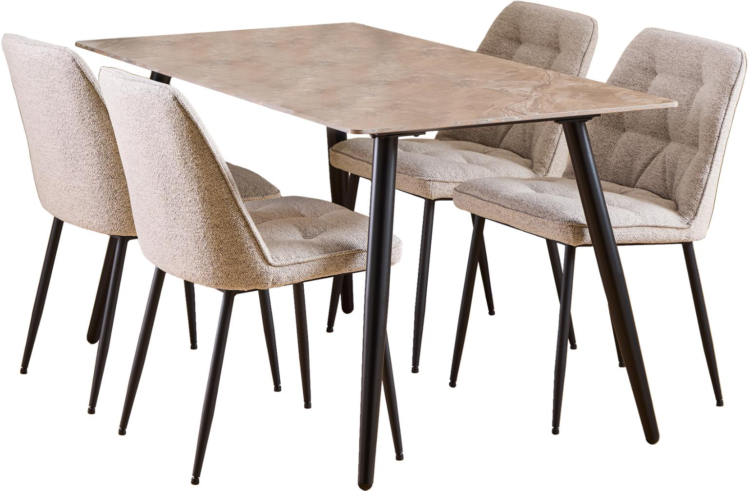 Spisebordssæt Signature Vardo – rektangulært bord med Aberta-keramik 140x80 cm 4 beige stofstole, mat sort stel.