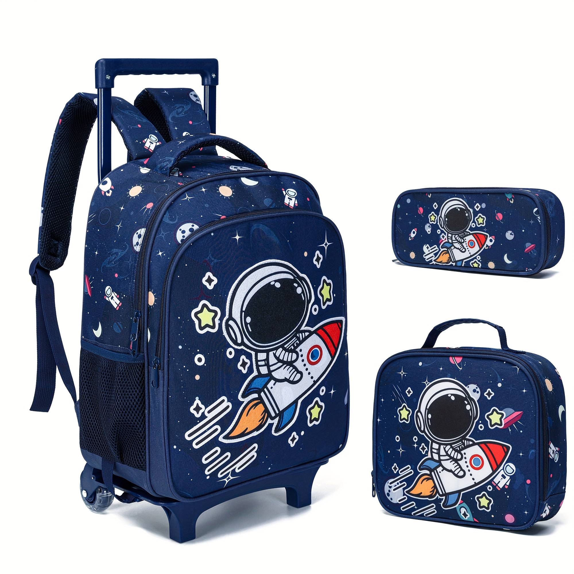 Boys' Astronaut Print Rolling Bag, 3pcs Set Backpack, Teenager's Large Capacity Double Shoulder Bag, Back-to-school Campus Bag, Outing Storage Travel Bag, Non-food Contact, For Teenager, For Teenager