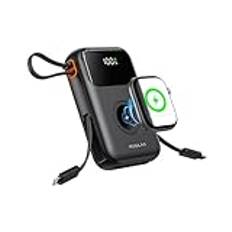 Kuulaa Powerbank liten, 10 000 mAh, ministrömbank med kabel och i-Watch-laddare, QC4.0+PD 22,5 W snabbladdningsfunktion, USB C, externt batteri med LED-display för Apple Watch, iPhone Samsung iPad
