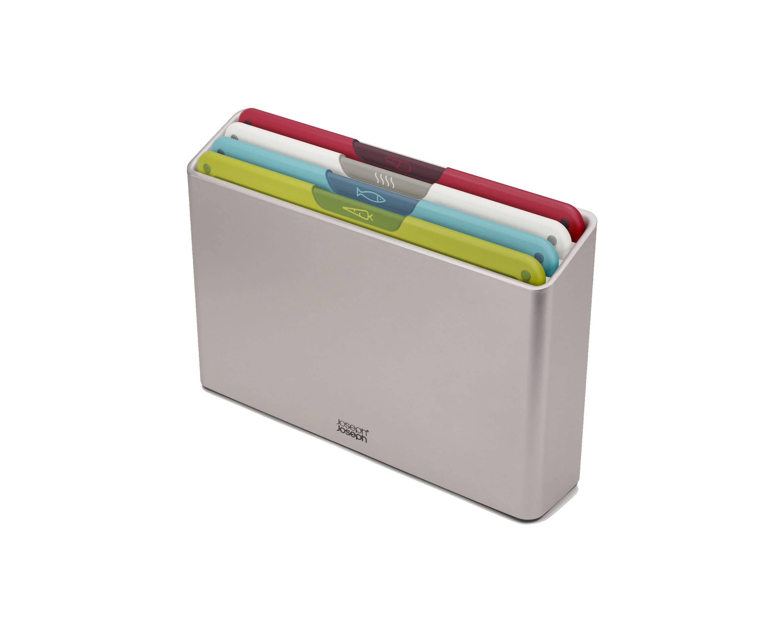 Joseph Joseph Cutting Board Set of 4, Large Size Folio, Color-Coded for Different Food Types, Non-Slip, Dishwasher Safe, with Storage Case, Food Icons