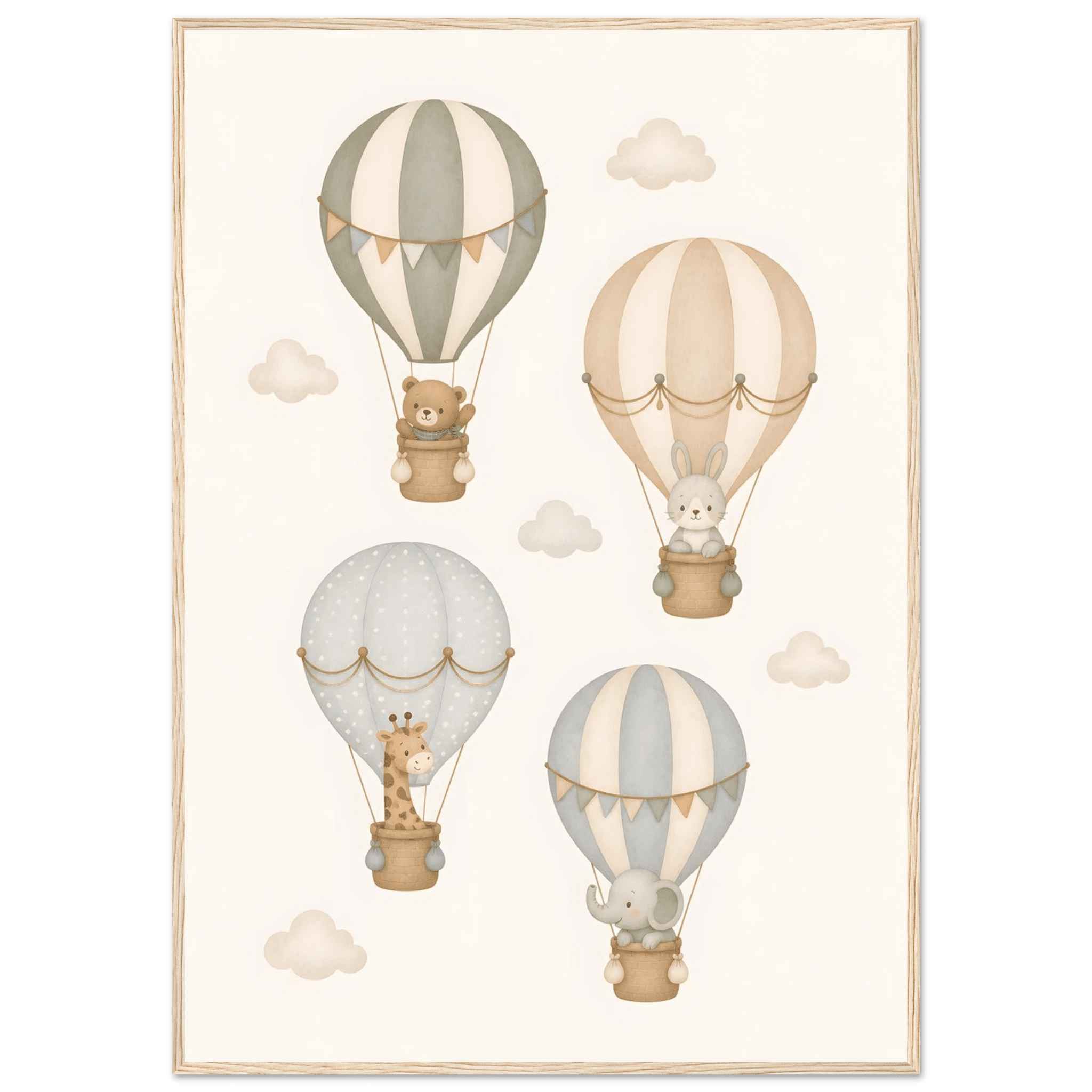 Djur i luftballonger barnposter-70x100 cm / 28x40″ / Med ram / Ljust trä