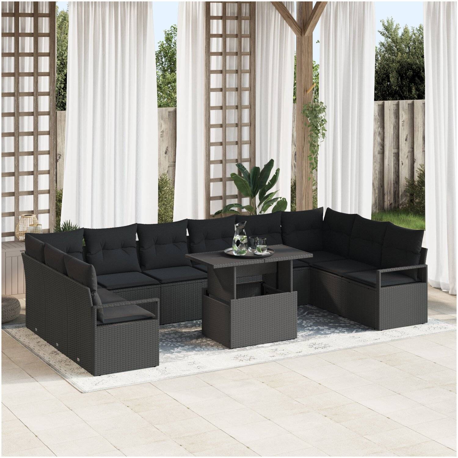 Havesofa vidaxl - 11 delars trädgårdsoff set med kuddar svart poly rattan stor konstrotting - Svart