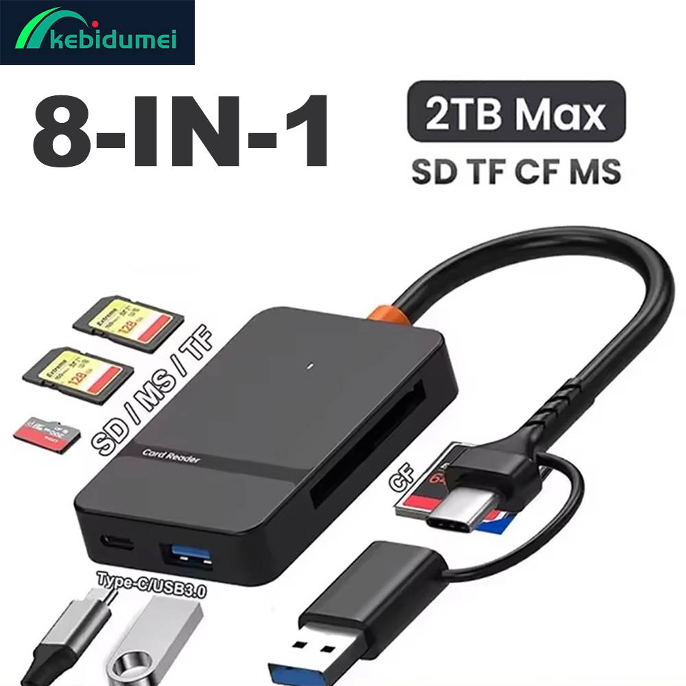Kebidumei USB C 8-in-1 Card Reader Multi-functional Card Reader Adapter Support SD/TF/CF/MS 5Gbps Write Read U Disk Flash Reader