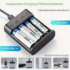 En USB-laddare med 4 platser som kan ladda AA AAA-batterier, använder 1,2V Ni-MH uppladdningsbart batteri, hög strömutgång, grönt ljus tänds när det ä - Svart (En-Storlek)