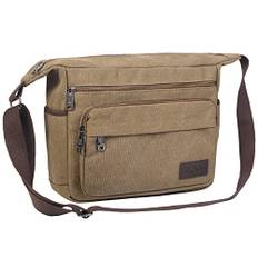JAKAGO Canvas messengerväska 38 cm herr/kvinnor axelväska med flera fickor för skola resor utomhus fiske camping arbete daglig användning, Kaffe