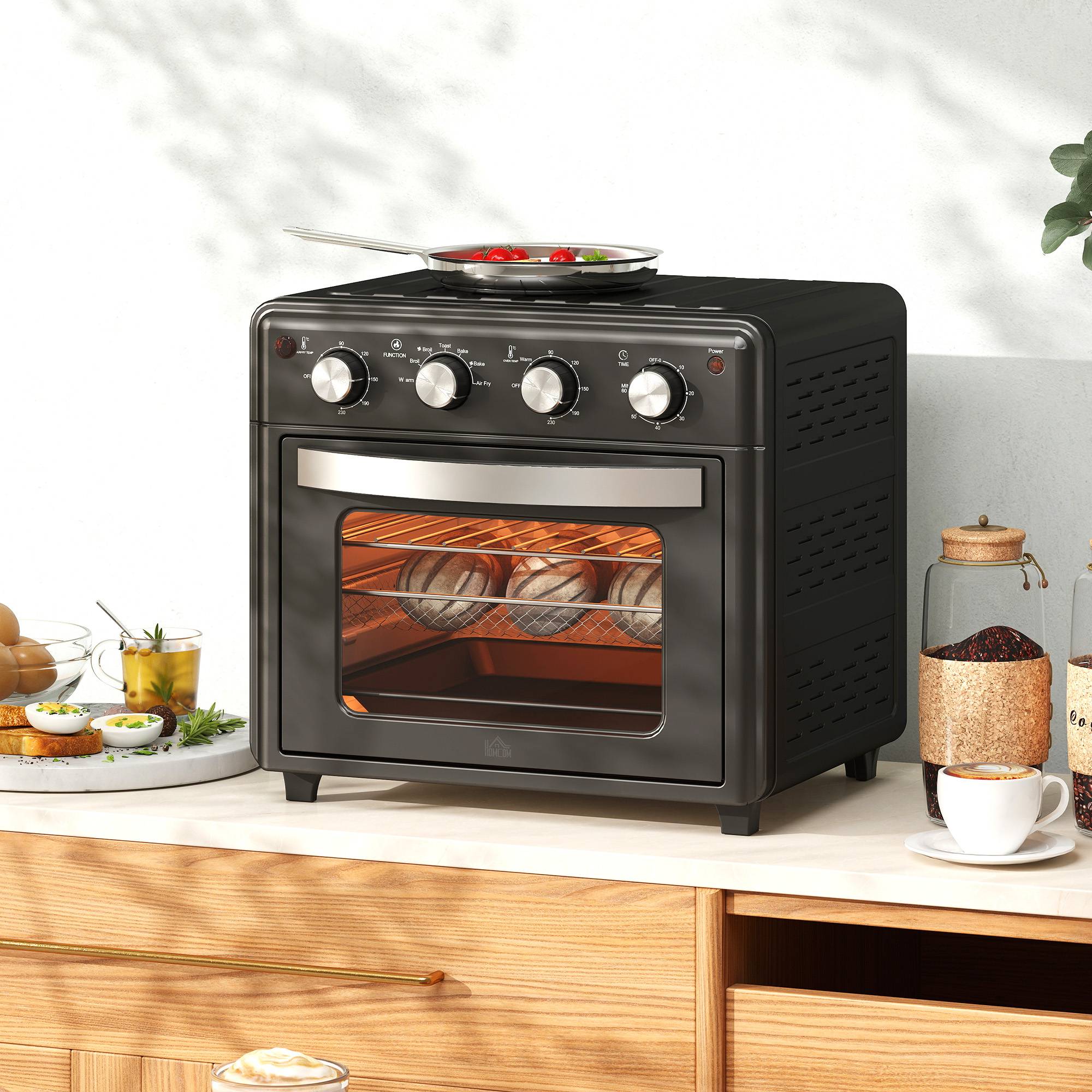 Miniovn med varmluft, 90°C-230°C, 30L, Miniovn med bageplade, grillrist, krummebakke, varmluftfrituregryde med 7 tilstande, stegekurv.