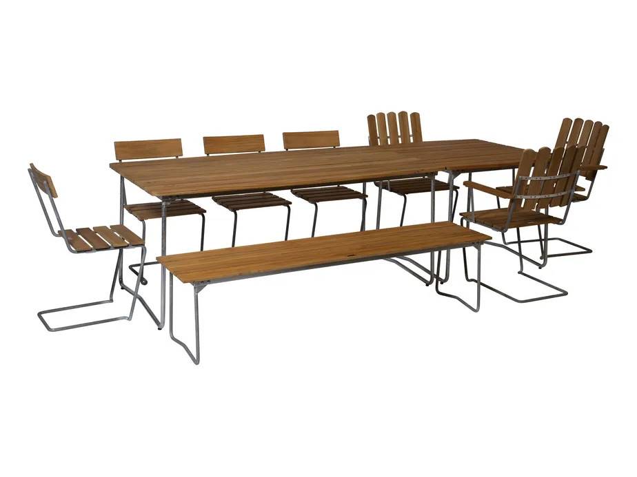 Grythyttan Stålmöbler B31 matgrupp Teak/galvat 3 fåtöljer, 4 stolar, bänk 170 cm, bord 84 x 92 cm & bord 170 x 92 cm