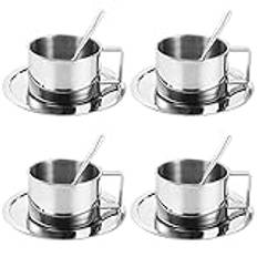 ZENFUN 4-pack 205 ml kaffekoppsset, 18/8 rostfritt stål espressokopp med fat och sked, söta kaffemuggar med handtag, dryckeskopp för latte, cappuccino, mjölk, te