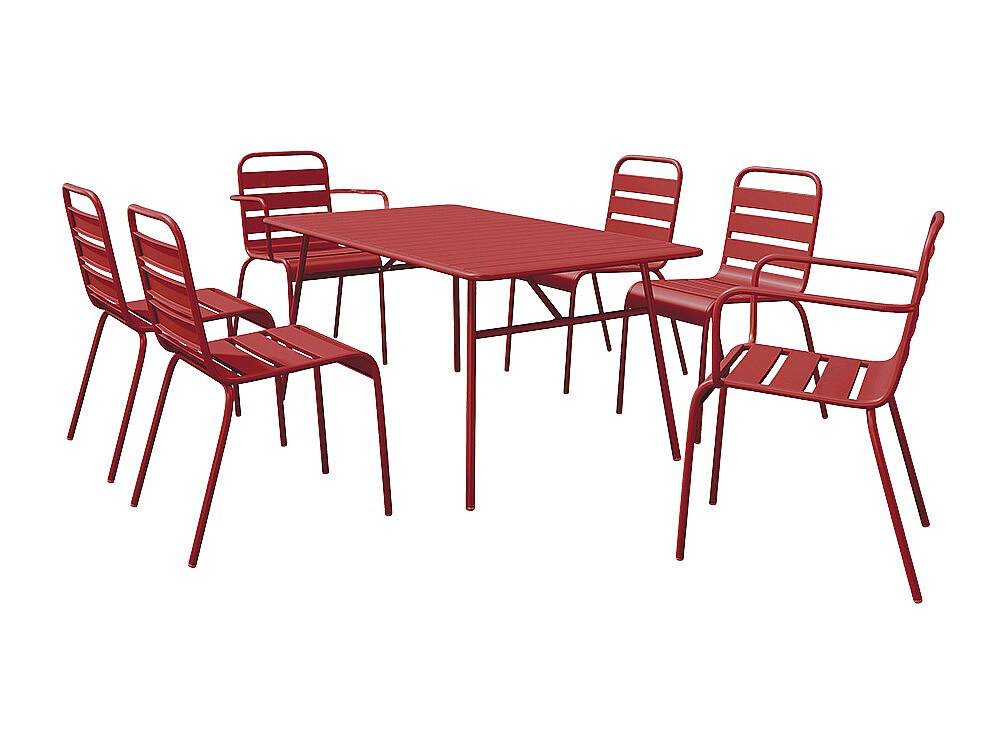 Matgrupp för trädgården i metall - ett bord L.160 cm med 2 stapelbara fåtöljer och 4 stapelbara stolar - Röd - MIRMANDE från MYLIA